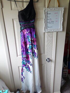 Cache Black Ruched Bodice with Purple Floral Maxi Prom Dress